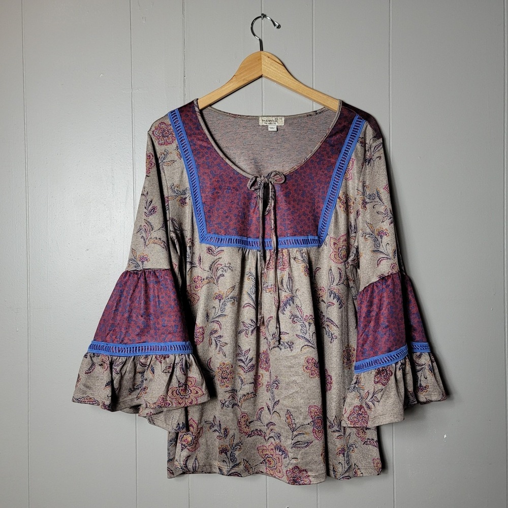 ONE WORLD MIX FLORAL PRINT PEASANT BLOUSE COTTAGECORE BELL CUFF WOMENS SIZE 1X